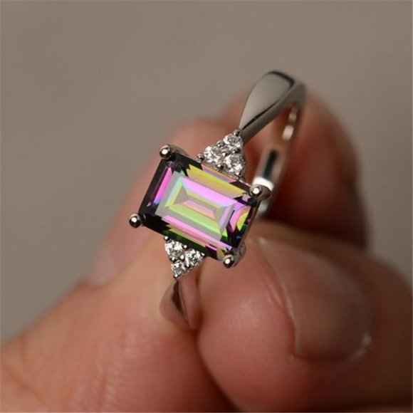 925 Silver Mystic Topaz Diamond Radiant Cut Ring - Picture 2 of 4